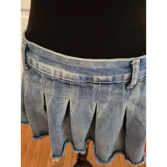 Denim Pleated Micro Mini Frayed Hem Low Rise L Shein Y2K Preppy Back to School - Picture 3 of 5